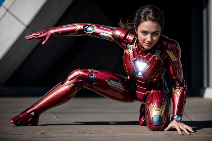 marvel movies,full body,from below,photo of a 18 year old girl,ironman,kneeling,happy,looking at viewer,blue eyes,outdoor,windy,...