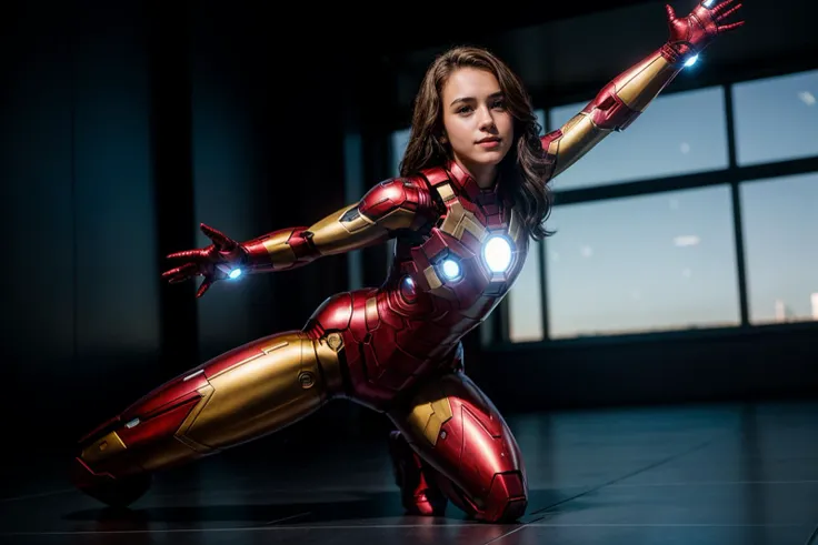 marvel movies,photo of a 18 year old girl,ironman,kneeling,dancing,happy,looking at viewer,ray tracing,detail shadow,shot on fuj...