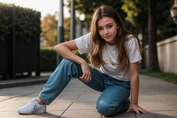 full body,from below,photo of a 18 year old girl,kneeling,bare hands,happy,shirt,pants,ray tracing,detail shadow,shot on fujifil...