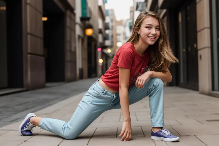 full body,wide shot,photo of a 18 year old girl,happy,laughing,kneeling,shirt,pants,ray tracing,detail shadow,shot on fujifilm x...