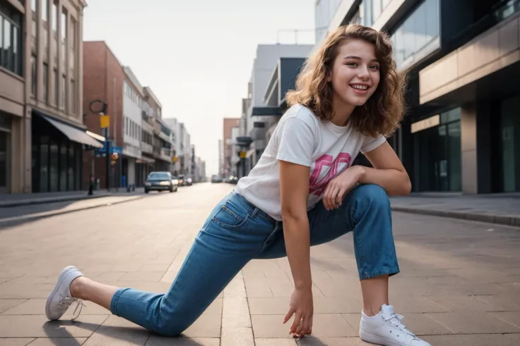 1980s,full body,wide shot,photo of a 18 year old girl,happy,laughing,kneeling,shirt,pants,ray tracing,detail shadow,shot on fuji...