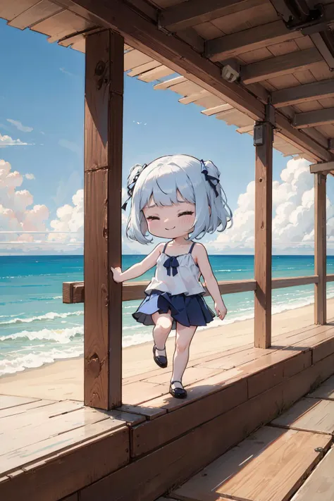 a cartoon girl walking on a beach with a wooden platform