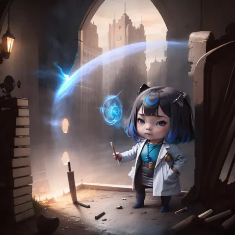 a cartoon girl holding a wand in a dark room