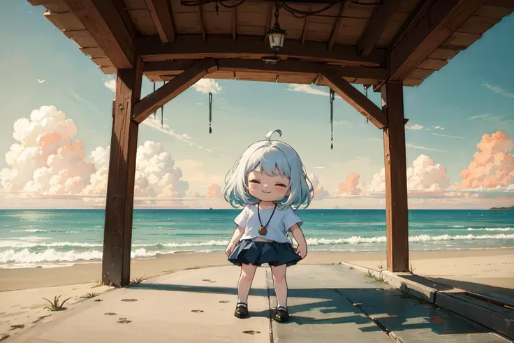 anime girl standing on a beach with a wooden gazebo