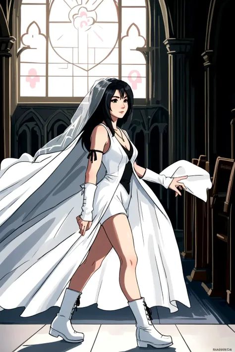 Rinoa, face of Rinoa Heartilly, eyeliner, very slim, sexy nostalgic expression,
(wearing a white wedding dress:1.1),
arm warmers, necklace, sleeveless coat, arm ribbon, boots,
long hair, black hair, upper body, from side, full body, walking,
wind, delicate...