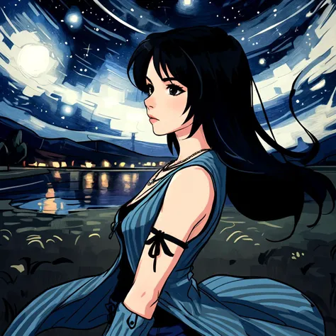 Rinoa, face of Rinoa Heartilly, eyeliner, very slim, sexy nostalgic expression,
starry night,
arm warmers, necklace, sleeveless coat, black shirt, blue skirt, arm ribbon, bike shorts, boots,
long hair, black hair, upper body, from side,
wind, delicate, col...