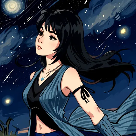 Rinoa, face of Rinoa Heartilly, eyeliner, very slim, sexy nostalgic expression,
starry night,
arm warmers, necklace, sleeveless coat, black shirt, blue skirt, arm ribbon, bike shorts, boots,
long hair, black hair, upper body, from side,
wind, delicate, col...