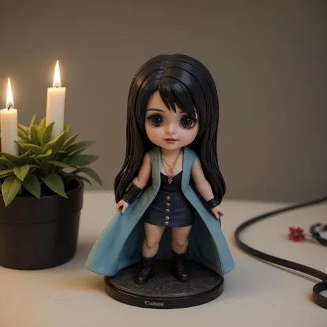 macro studio photo of old antique Victorian marmor figurine of cute Rinoa, chibi Rinoa Heartilly, eyeliner, very slim,
arm warmers, necklace, sleeveless coat, black shirt, blue skirt, arm ribbon, bike shorts, boots,
long hair, black hair,
cozy home in the ...