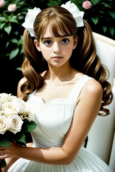 (masterpiece), (ultra high res photograph, 8k, realistic, hyperrealistic), (fullbody:0.5), (PuddingChan) (AS-YoungV2:1.1), 1 girl age 18, brown hair, big twintails hairstyle, brown eyes, pleased expression, (wearing a (white long wedding dress)), cleavage,...