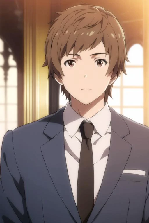 masterpiece, best quality, high quality, 1boy, solo, male focus, looking at viewer, upper body, <lora:gran:0.80>, gran, brown hair, brown eyes, realistic, formal, necktie, dress shirt