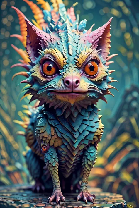 a close up of a colorful creature with big eyes