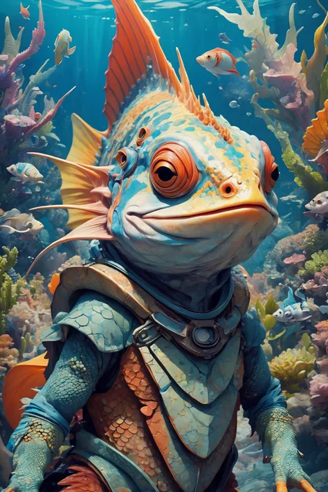 a close up of a fish in a costume standing in front of a fish tank