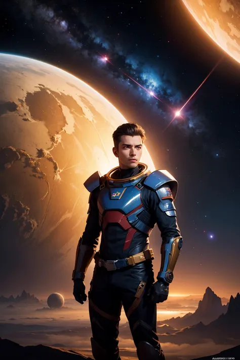 a man in a space suit standing in front of a planet