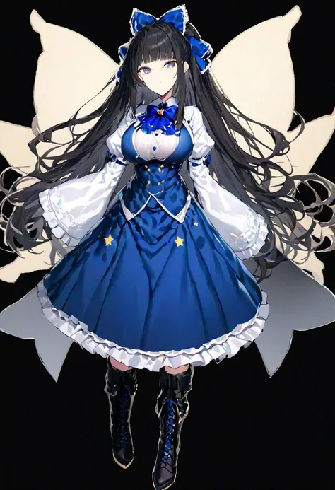 masterpiece, best quality, ultra-detailed, beautiful, nai3, 1girl, solo, full_body, tachi-e, 
star_sapphire, lace, long_hair, black_hair, white_shirt, frills, hair_bow, blunt_bangs, ascot, blue_dress, blue_bow, blue_skirt, hime_cut, frilled_sleeves, frille...