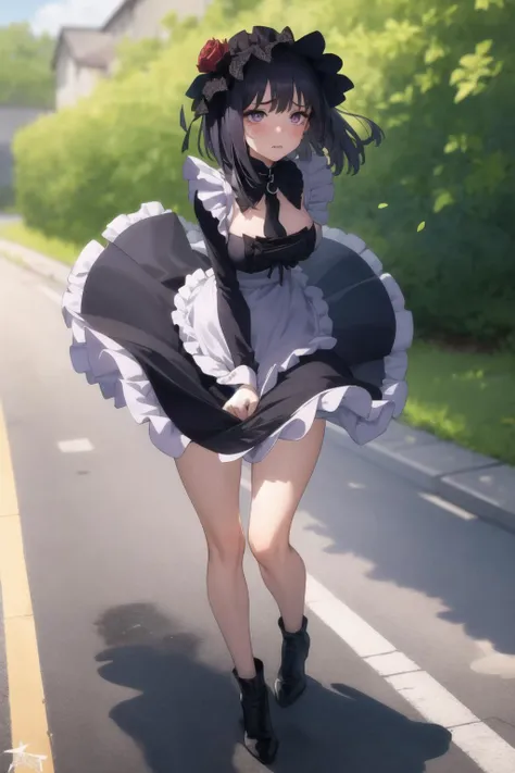 a woman in a dress and black boots is walking down the street