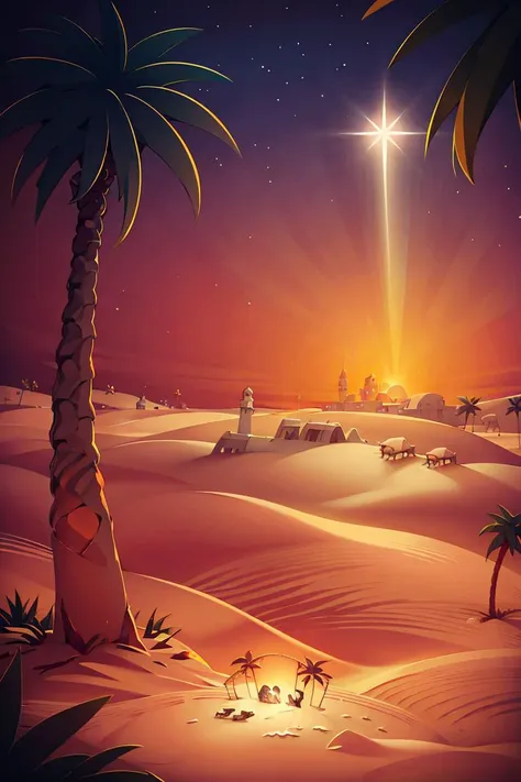 a cartoon christmas scene of a star shining in the sky over a desert