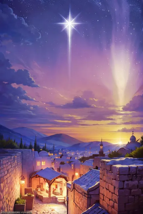 a painting of a star shining over a town at night