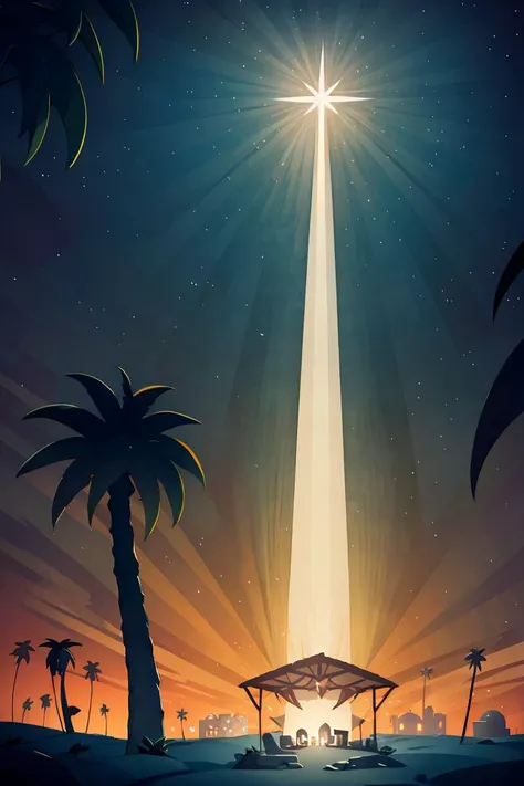 a christmas scene with a star shining over a manger and palm trees