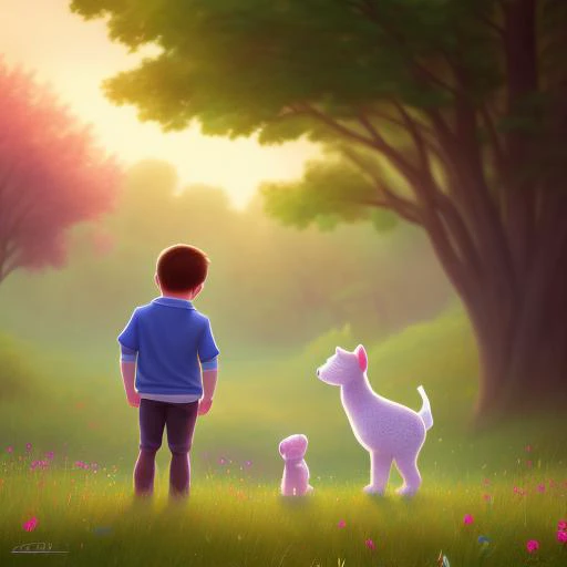 a painting of a boy and a dog in a field