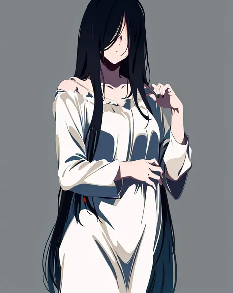 <lora:Minimalist-v2-01:0.8>, simple art, faceless female, BREAK <lora:C-SadakoTheRing_v3:0.8> sadako, hair over one eye, absurdly long hair, tangled black hair, dirty white dress, small breasts, grey skin, (ghost:0.5) BREAK looking at viewer, (cowboy shot:...