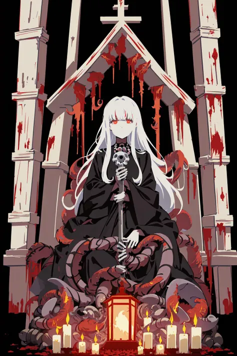 a woman sitting on a throne with candles and blood all around her