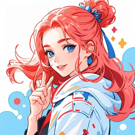 anime girl with red hair and blue eyes pointing up