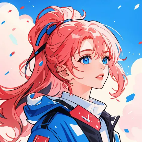 anime girl with pink hair and blue eyes looking at the sky