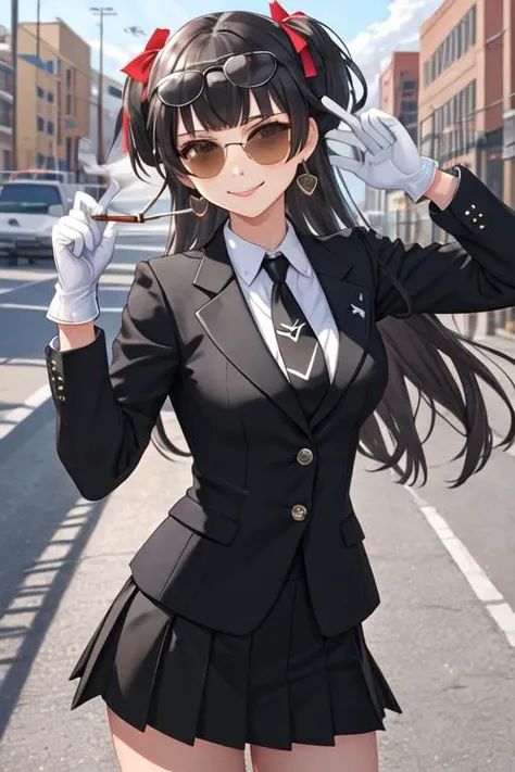 best quality, masterpiece, highres, solo, {black business suit:1.40}, {tie:1.20}, {sunglasses:1.25}, {white gloves:1.15}, {white shirt:1.10}, {black skirt:1.15}, {smoking:1.20}, handsome, {mayuzumi_fuyuko_theidolmstershinycolors:1.15}, black_hair, bangs, l...