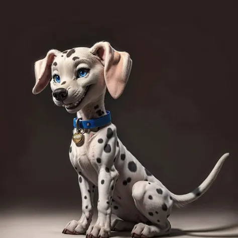 Masterpiece, best high quality, nice lighting, 4K, absurdres, full view, 1girl, solo, Cadpig, (big head), feral dalmatian, (thin small body), dog tail, floppy ears with white fur, black nose, blue collar, <lora:Cadpig-_101D:0.7>, big grin, pinup, simple ba...