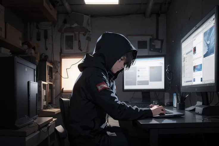 arafed man in hoodie sitting at desk with computer and monitor