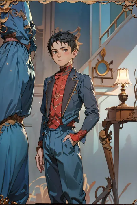 anime - style picture of a man in a blue suit and red shirt