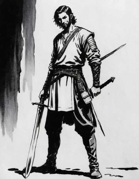 Inkdrawing, concept art man with sword,  <lora:SDXL_Kr355e_v1:0.6> <lora:SDXL1.0-LoRa_TerryMoyle_&_RosieLouise_Style_v0.1:0.65>