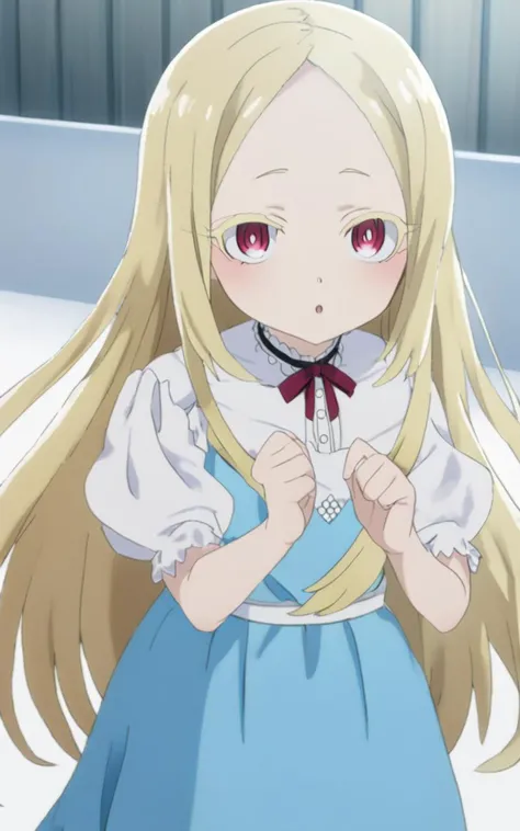 1girl, <lora:sdxl-ma-korisu:0.7> blonde hair, long hair, sidelocks, parted bangs, ruby eyes, blonde eyelashes, flat chest +++ morino korisu, blue long dress, white blouse, puffy sleeves, ribbon   +++ happy :o