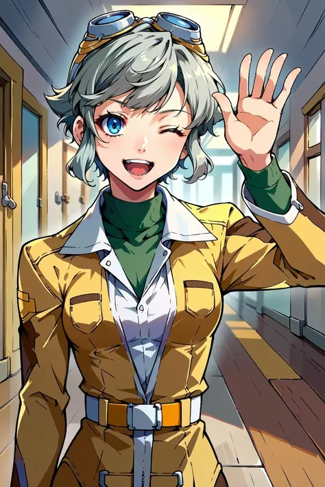 score_9, score_8_up, source_anime, 1girl, solo BREAK <lora:TrailsFromZeroToAzure:0.8>, Grace Lynn, grey hair, short hair, blue eyes, medium breasts, goggles, goggles on head, yellow coat, green sweater, white pantyhose, wink, waving, hand on hips, hallway,...