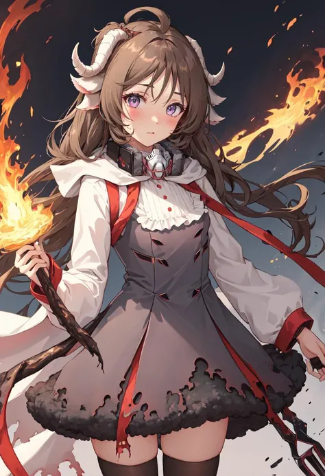 best quality, masterpiece, highres, solo, (eyjafjalla_arknights:1.10), 1girl, grey dress, long sleeves, black thighhighs, holding staff, mask around neck, torn dress, burnt clothes, looking at viewer, respirator, fire, purple dress, blush, cowboy shot, 4 <...