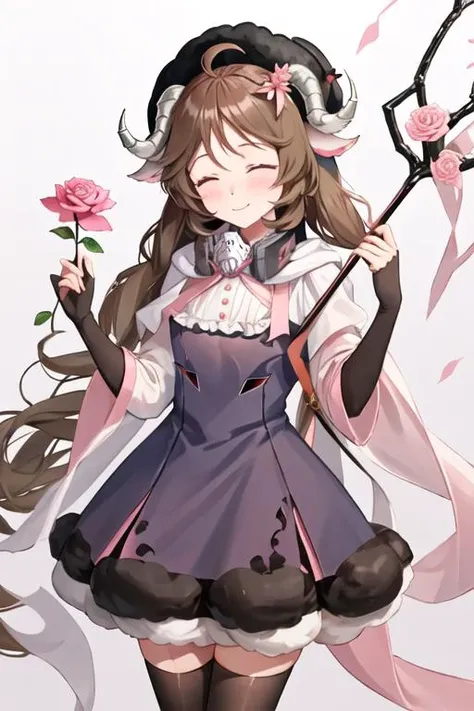 best quality, masterpiece, highres, solo, {eyjafjalla_arknights:1.15}, brown_hair, long_hair, animal_ears, horns, sheep_horns, sheep_ears, ahoge, sheep_girl, blush, bangs, upper_body, pink_eyes, 1girl, bonnet, bow, closed_mouth, flower, hat, hat_flower, of...