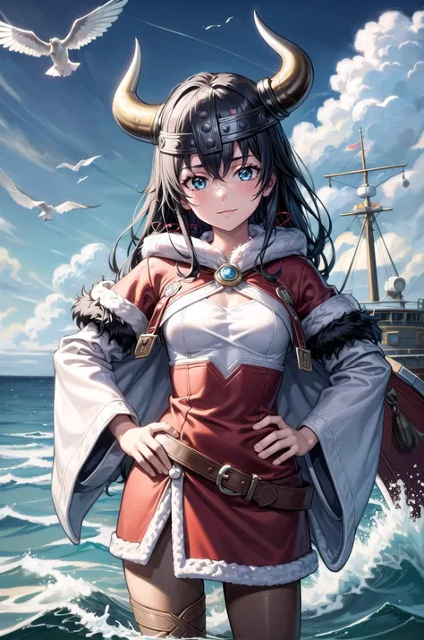 (masterpiece, best quality, detailed), 1girl, solo, yukino yukinoshita, long hair, hair ribbon, looking at viewer, 
<lora:AncientVikings:0.9>, ancient viking, viking helmet, horned helmet, fur trim, helmet, ship, ocean, waves, seagull, cloudy sky, hands on...