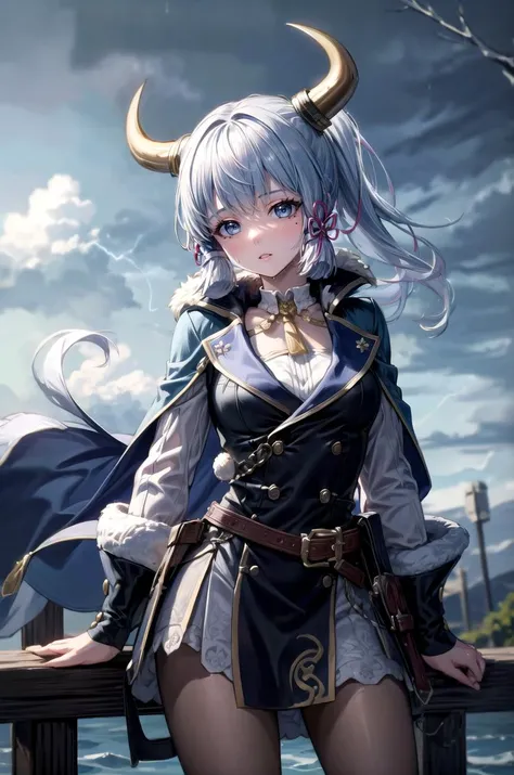 (masterpiece, best quality, detailed), 1girl, solo, kamisato_ayaka, blunt bangs, long hair, ribbon, hair ornament, sidelocks, hair ribbon, ponytail, mole under eye, white hair, looking at viewer,
<lora:AncientVikings:0.9>, ancient viking, viking helmet, ho...