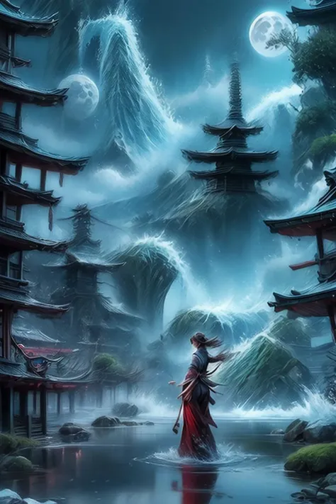 (looking away:1.2), ,Aesthetic: ((Japanese animation, surreal, fantasy):1.6) BREAK Composition: (1girl:1.3) , standing on water, (red dress:1.6), water tendrils, camera angle: (from behind:1.2) BREAK Lighting: ((moonlit, reflections):1.3) BREAK Quality: an...