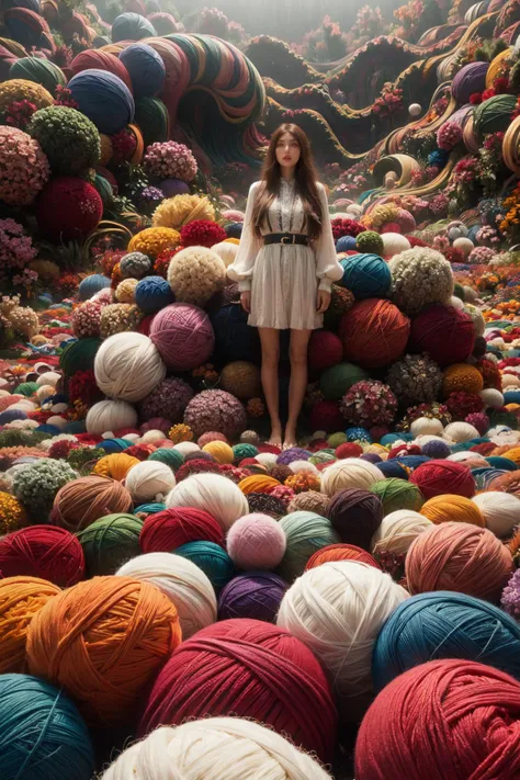 1girl, flower field, ball of yarn like flowers, giant yarn ball,
((by andreas gursky))