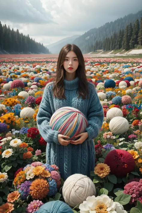 1girl, flower field, ball of yarn like flowers, giant yarn ball,
((by andreas gursky))