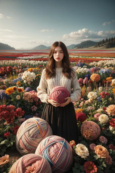 1girl, flower field, ball of yarn like flowers, giant yarn ball,
((by andreas gursky))