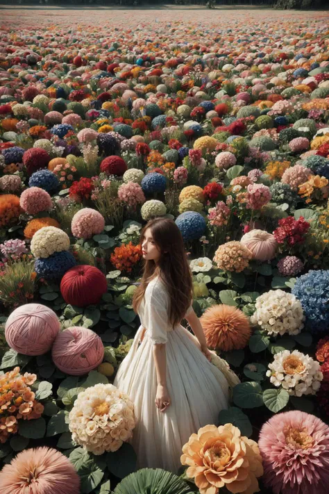 1girl, flower field, ball of yarn like flowers, giant yarn ball,
((by andreas gursky))