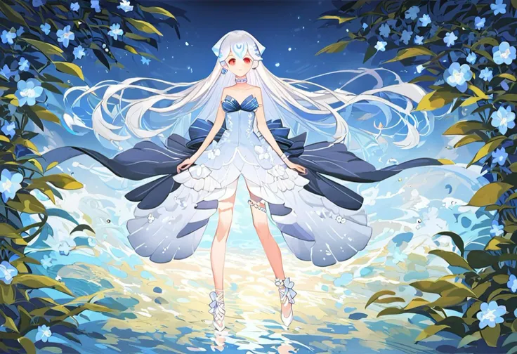 score_9, score_8_up, score_7_up, score_6_up,  whale_bao,vtuber,red eyes, pin hair, white hair, full body, full body visible,
floral_dress, floral blue scarf, floral white armband,white hair bow, light blue dress with floral pattern, dress with floral skirt...