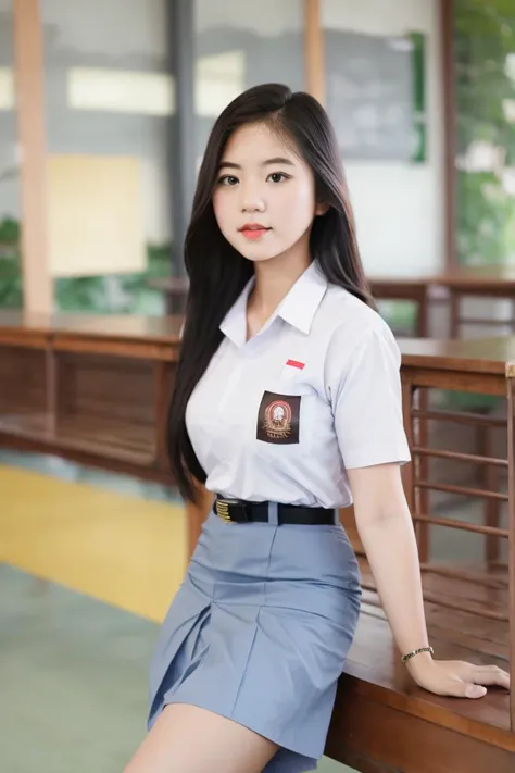 a woman in a uniform posing for a picture in a school