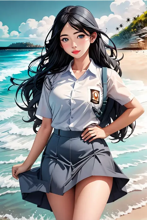 (((Ultra-HD-quality-details))) , 1girl, cewe-sma, from fitting, white shirt, gray skirt, beach <lora:cewe-sma-2:1>