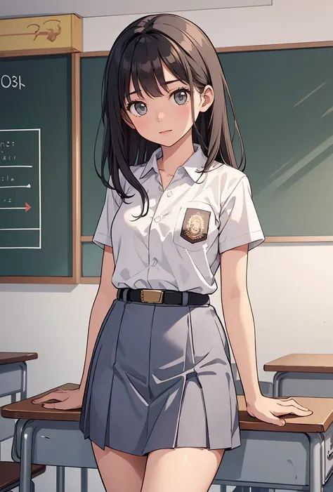 anime girl in school uniform standing in front of a blackboard