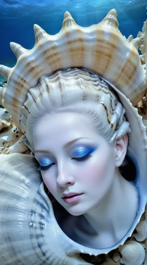 rk-shells Within the celestial sanctuary of a seashell cathedral, a surreal goddess with eyes of liquid silver graces the hallowed space, embodying the mysteries hidden within the opulent spirals of the cerulean waves.<lora:shells_xl_v3:0.7>