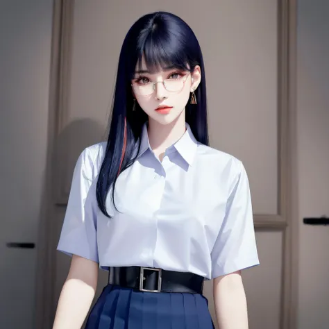 a woman with long black hair wearing a white shirt and blue skirt