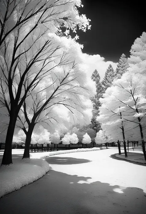 arafed view of a park with trees and a bench in the snow